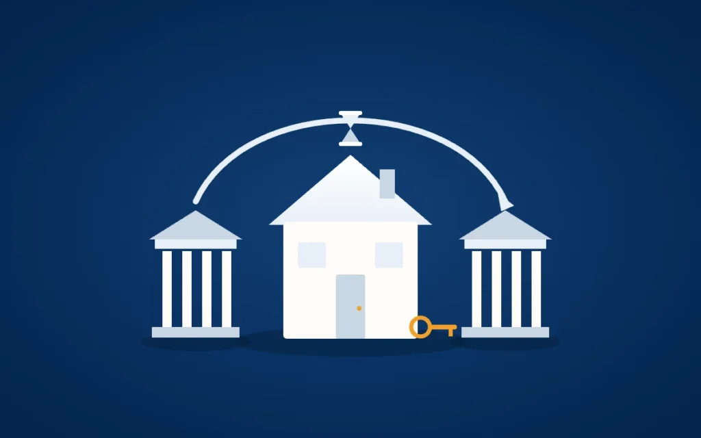 Anschlussfinanzierung: Ein Haus mit Schlüssel und Sanduhr, ein Bogen führt von einer Bank zur nächsten.