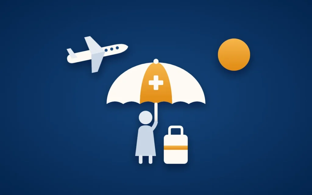 Titelbild Auslandsreisekrankenversicherung: Eine Reisende mit Koffer steht unter einem Schutzschirm mit Pluszeichen, daneben ein Flugzeug auf dem Heimweg.