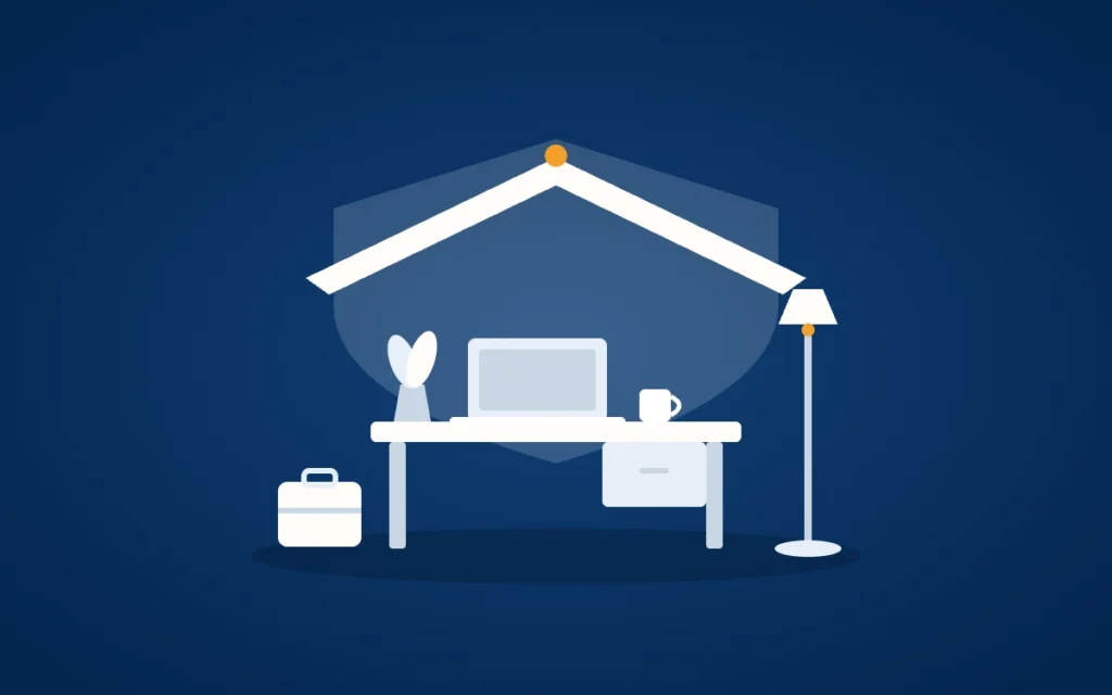 Betriebshaftpflicht: Ein schützendes Dach über Schreibtisch, Laptop, Pflanze und Lampe einer Selbstständigen.