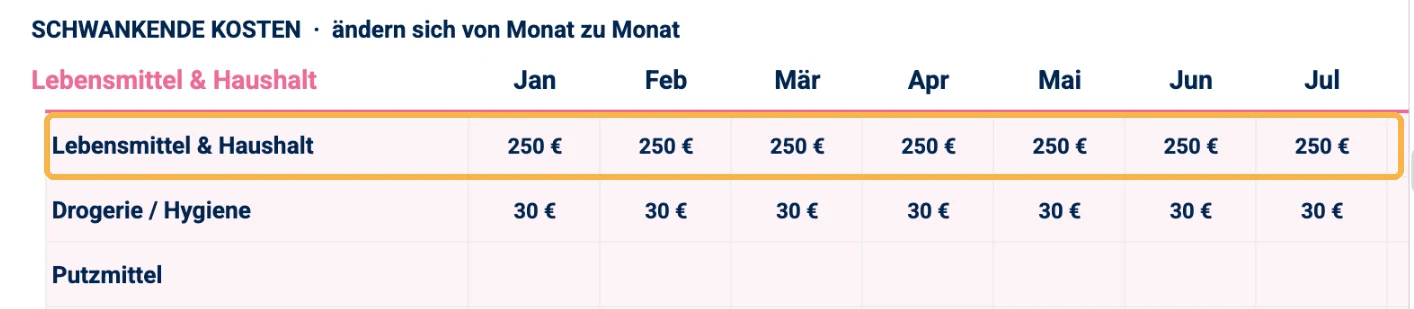 Screenshot des Budgetplaners: Schwankende Kosten, Lebensmittel 250 Euro und Drogerie 30 Euro pro Monat. Die Zeile Lebensmittel ist golden umrahmt.