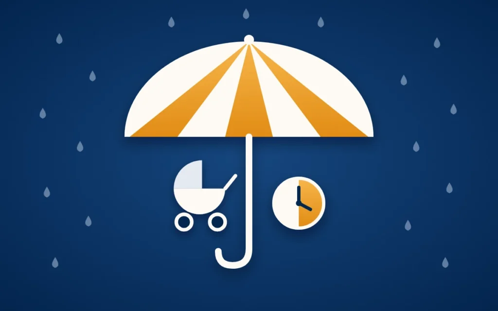 BU-Klauseln: Ein Schirm mit drei goldenen Bahnen schützt Kinderwagen und Uhr vor dem Regen.
