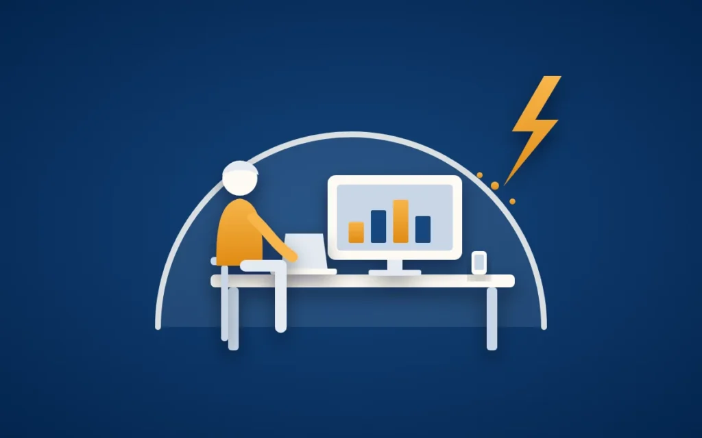 Titelbild zur Elektronikversicherung: eine Person am Schreibtisch mit Bildschirm, Laptop und Smartphone unter einer schützenden Kuppel, an der ein goldener Blitz abprallt.
