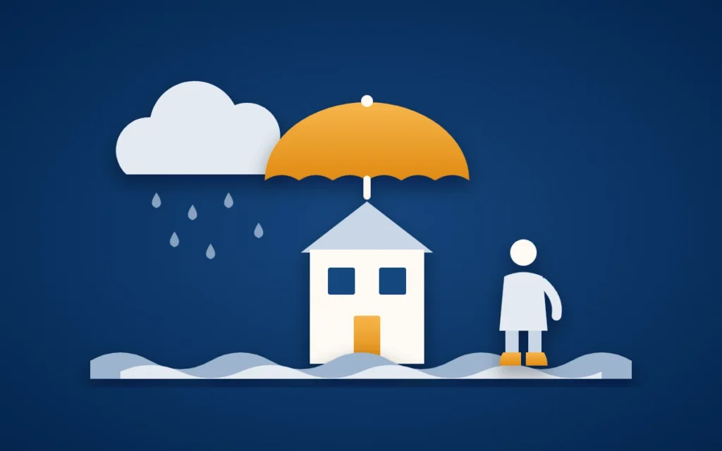 Titelbild zur Elementarschadenversicherung: ein Haus unter einem goldenen Schirm, über ihm eine Regenwolke, unten steigendes Wasser, daneben eine Person mit Gummistiefeln.