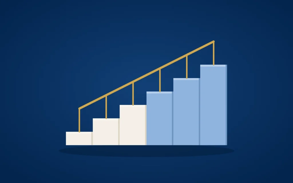 Schlichte Treppe mit sechs Stufen und goldenem Geländer auf dunkelblauem Grund als Bild für die Reihenfolge in der Finanzplanung.