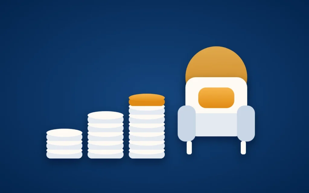 Titelbild zur gesetzlichen Rente: drei wachsende Münzstapel als gesammelte Rentenpunkte stehen neben einem Sessel vor einer goldenen Sonne für den Ruhestand.
