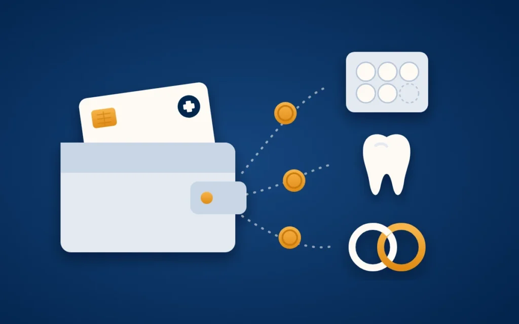 GKV-Reform 2027: Aus einem Portemonnaie mit Gesundheitskarte fliegt Geld zu Tabletten, Zahn und zwei Ringen.