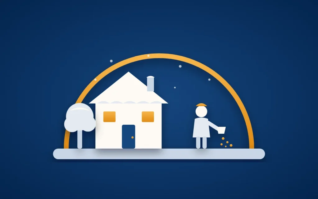Titelbild zur Haus- und Grundbesitzerhaftpflicht: ein Haus mit verschneitem Dach, ein Baum und eine Person, die den Gehweg streut, unter einem goldenen Schutzbogen.