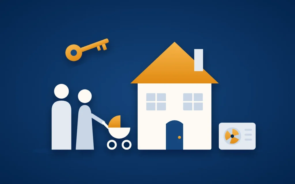 Titelbild zur KfW-Förderung: eine Familie mit Kinderwagen vor einem Haus mit goldenem Dach, daneben eine Wärmepumpe und ein goldener Schlüssel.
