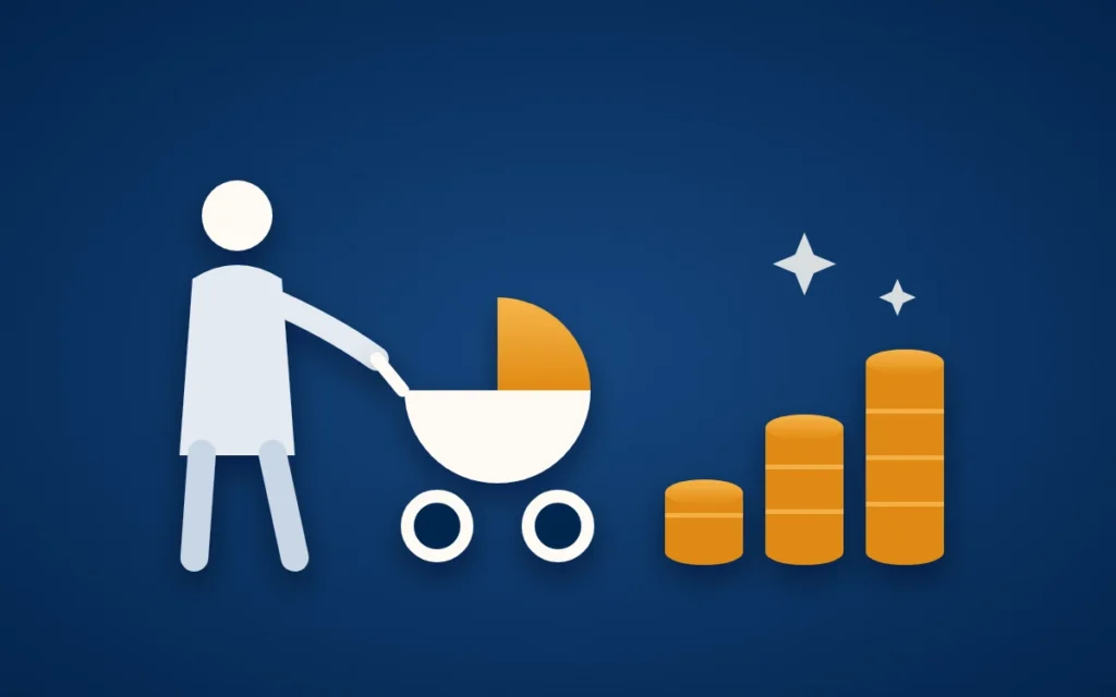 Titelbild zu Kindererziehungszeiten: Ein Elternteil schiebt einen Kinderwagen auf goldene Münzstapel zu, die als Rentenpunkte Schritt für Schritt wachsen.
