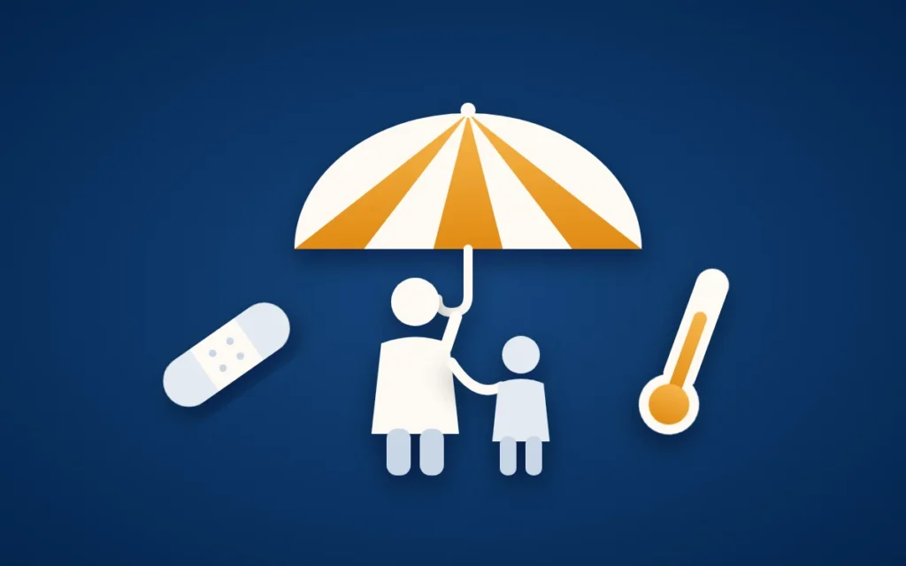 Titelbild zur Kinderinvaliditätsversicherung: ein Elternteil hält ein Kind an der Hand, darüber ein goldener Schirm, daneben Pflaster und Thermometer für Unfall und Krankheit.