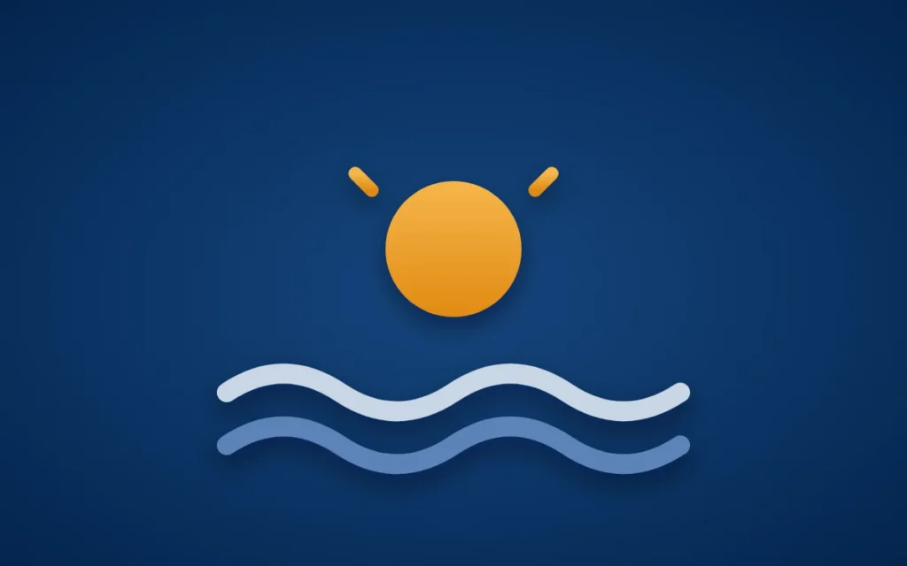 Kindervorsorge: eine goldene Sonne über zwei Wellen auf marineblauem Grund als Sinnbild für einen guten Start fürs Kind.