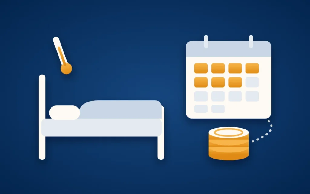 Krankentagegeld als Bild: ein Bett mit Thermometer, ein Kalenderblatt mit goldenen Tagen und ein Stapel Goldmünzen.