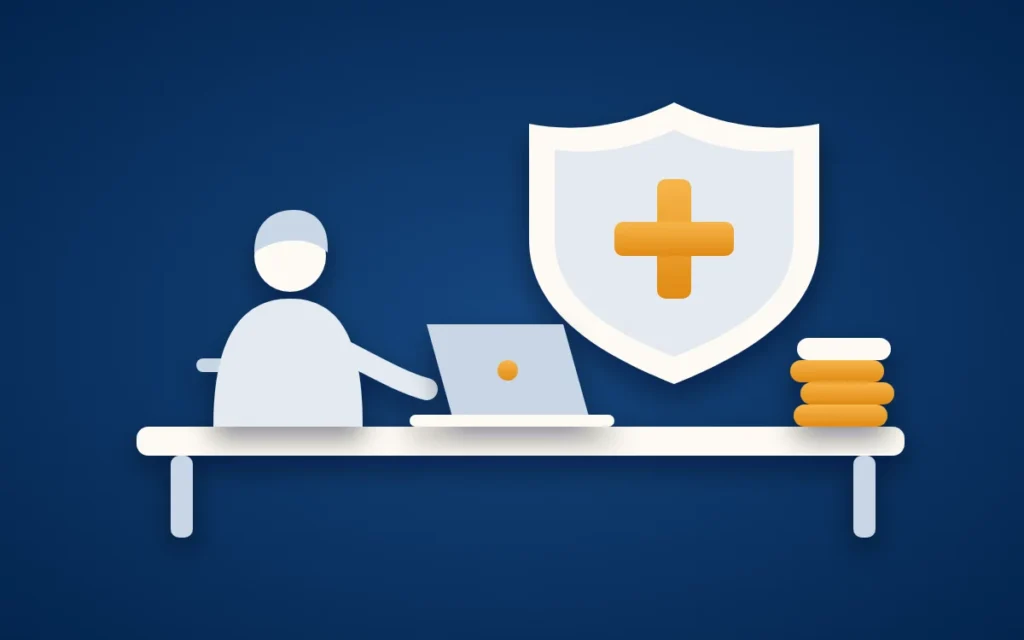 Titelbild zur Krankenversicherung für Selbständige: eine Person am Schreibtisch mit Laptop, darüber ein Schutzschild mit goldenem Kreuz, daneben ein Münzstapel.