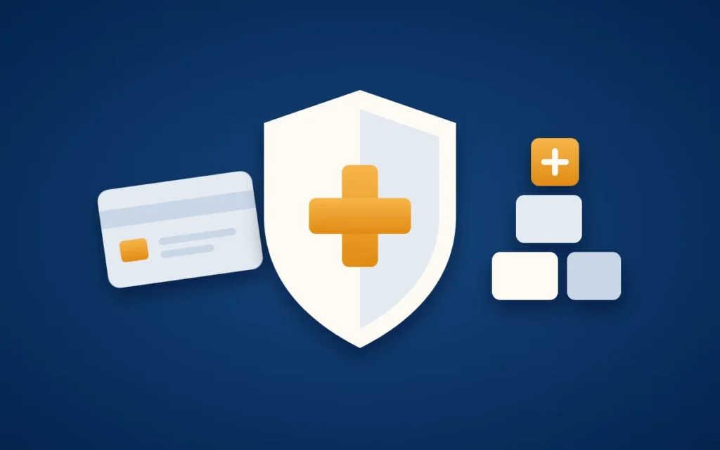 Titelbild zur Krankenversicherung: ein großes Schutzschild mit goldenem Kreuz, daneben eine Versichertenkarte und kleine Bausteine als Zusatzschutz