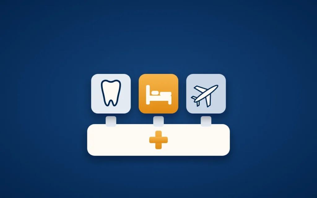 Titelbild Krankenzusatzversicherung: Auf einem cremefarbenen Grundblock mit Pluszeichen sitzen drei Bausteine mit Zahn, Krankenhausbett und Flugzeug.
