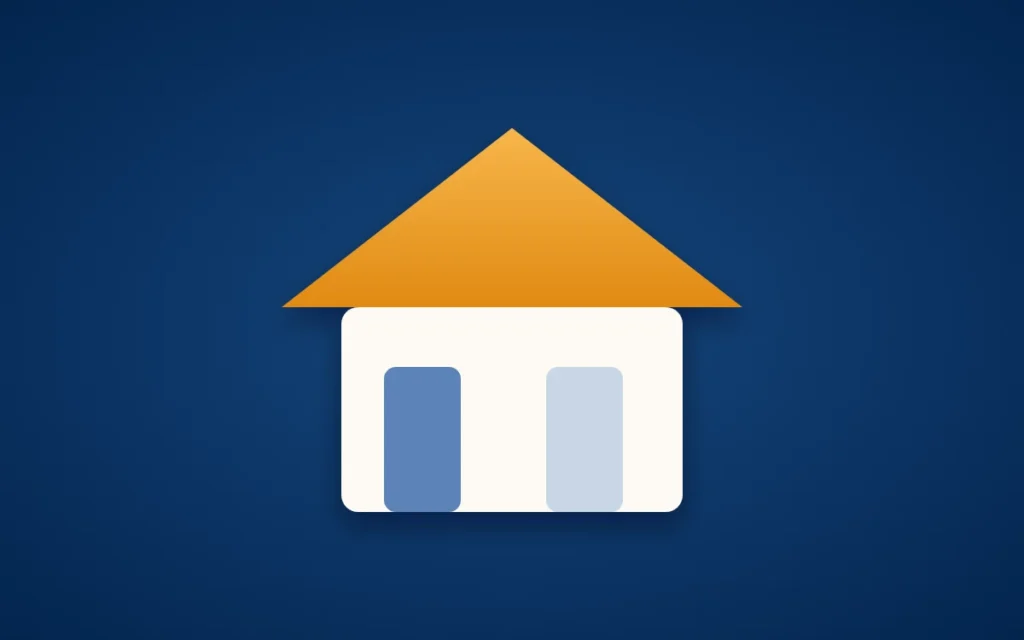 Zusammenziehen Finanzen: ein Haus mit goldenem Dach und zwei Türen auf marineblauem Grund.