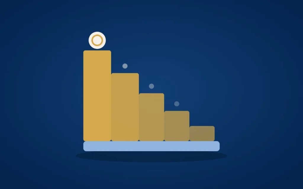 Goldene Treppe mit fünf Stufen, die nach unten kleiner werden, unten ein hellblauer Boden. Symbol für die staatlichen Stufen nach dem Krankengeld.