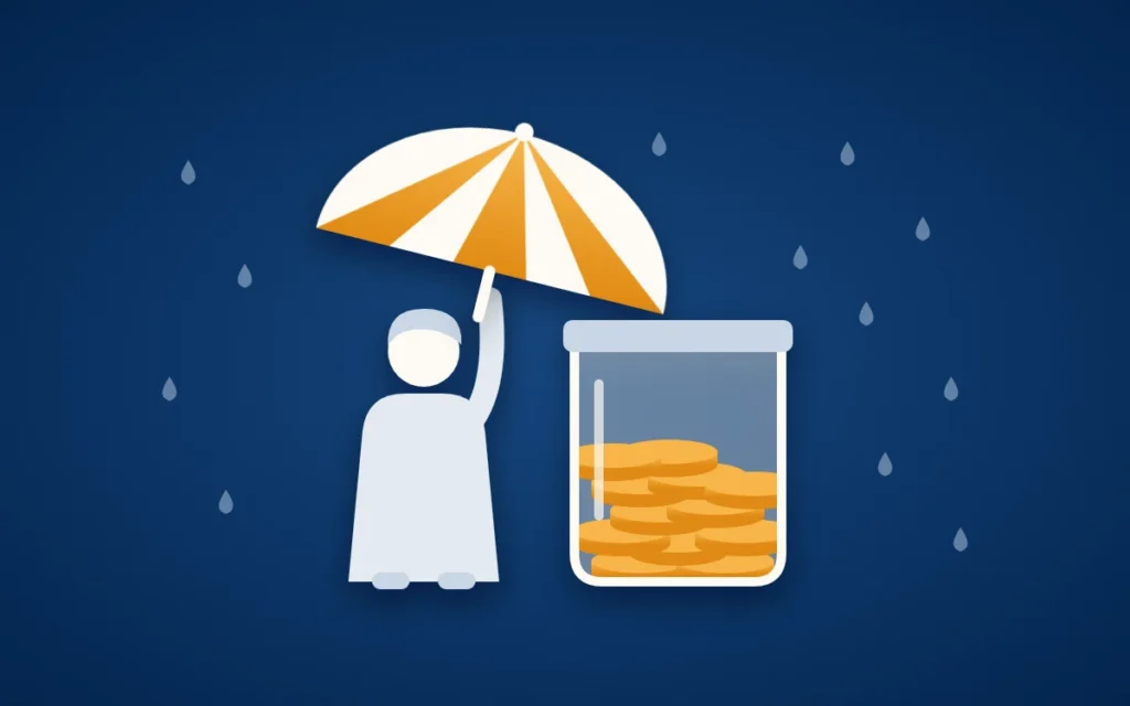 Titelbild zum Thema Notgroschen: eine stilisierte Person hält einen Schirm über ein Glas mit goldenen Münzen, während daneben Regen fällt.