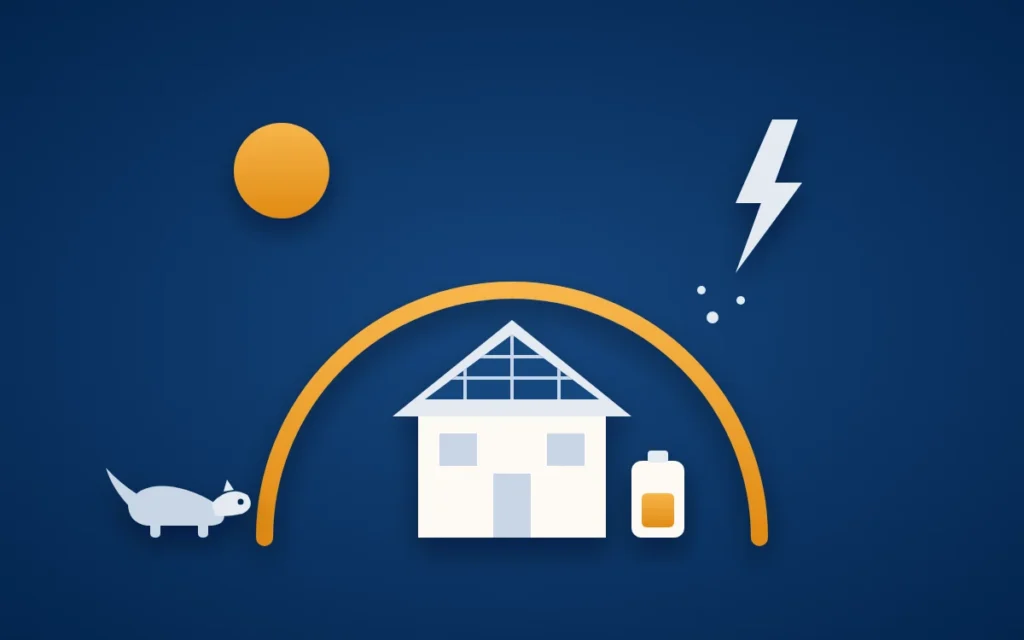 Titelbild zur Photovoltaikversicherung: ein Haus mit Solarmodulen unter einem goldenen Schutzschild, daneben ein Marder, ein Blitz und ein Stromspeicher.