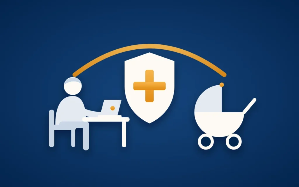 Titelbild zur privaten Krankenversicherung für Angestellte: eine Person am Schreibtisch, daneben ein Schutzschild mit Kreuz und ein Kinderwagen unter einem goldenen Bogen.