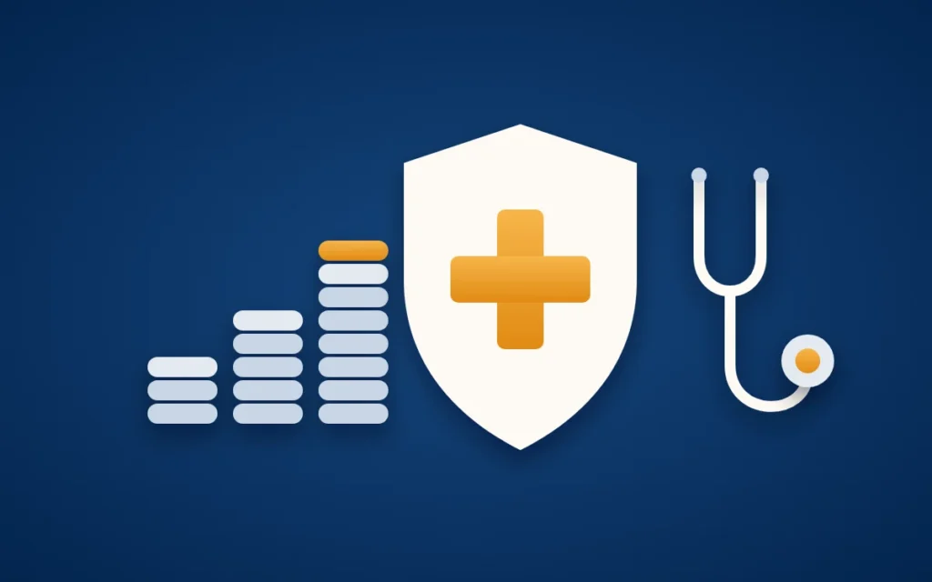 Titelbild zur privaten Krankenversicherung: ein Schutzschild mit goldenem Kreuz, daneben wachsende Münzstapel als Alterungsrückstellung und ein Stethoskop.