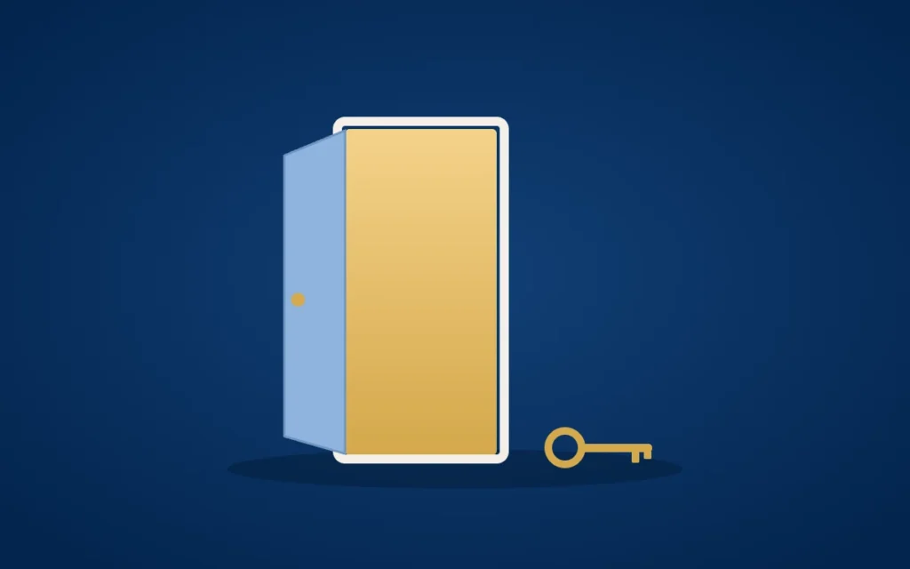 Eine halb geöffnete Tür mit warmem goldenem Licht dahinter. Davor liegt ein goldener Schlüssel als Symbol für die Rücklage als Exit-Option.