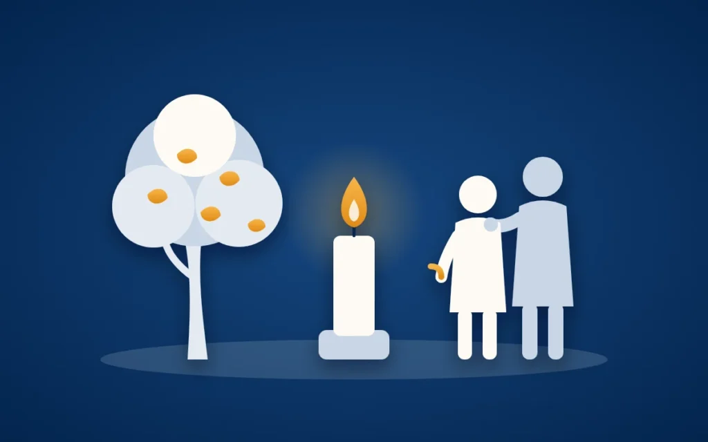 Titelbild zur Sterbegeldversicherung: eine ältere Person mit Gehstock und eine jüngere Person stehen ruhig neben einer goldenen Kerze und einem Baum.