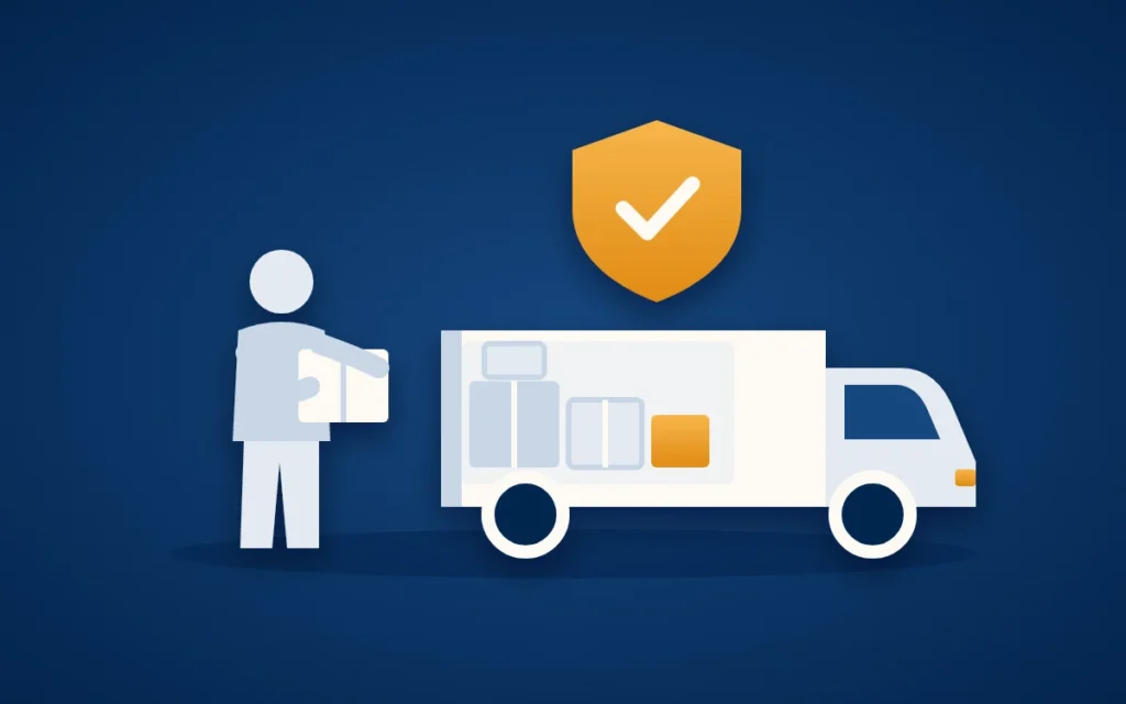 Titelbild zur Transportversicherung: eine Person trägt ein Paket zu einem Lieferwagen voller Kartons, über der Ladung schwebt ein goldener Schild.