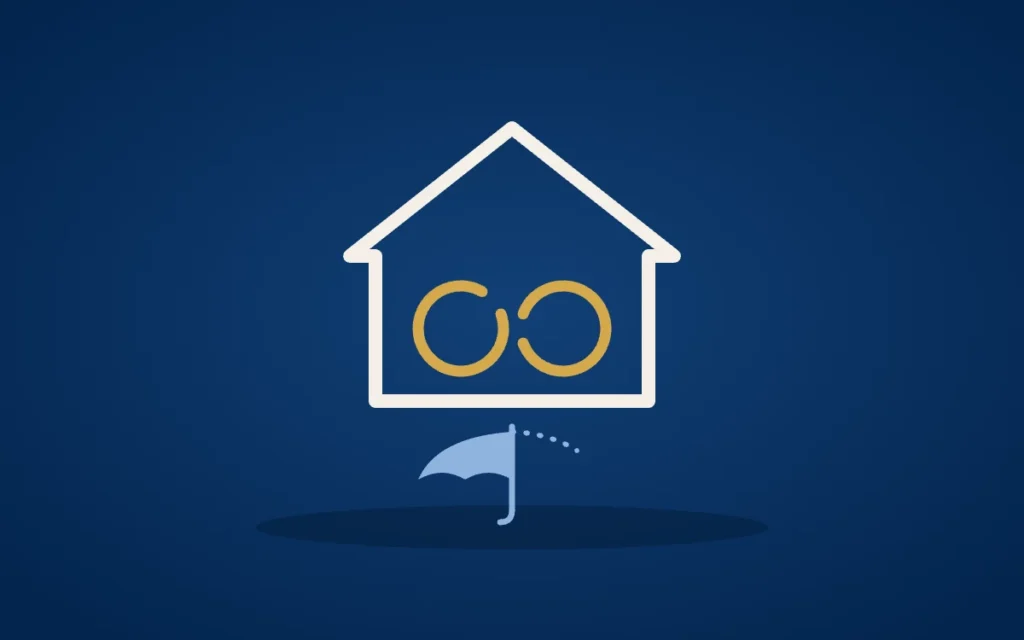Haus-Symbol mit zwei offenen Ringen und halbem Schirm als Bild für Paare ohne Trauschein mit Kind und ihre Absicherung im Todesfall.
