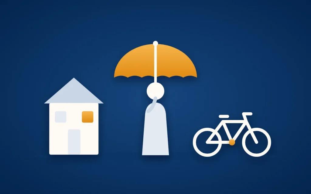 Welche Versicherungen brauche ich: eine Person unter einem goldenen Schirm, links ein Haus, rechts ein Fahrrad als Bild für Hausrat und Haftpflicht.